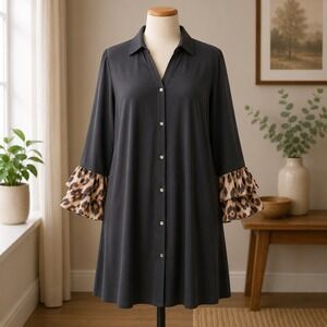 Susan Graver Button Front Tunic Womens XL Black Leopard Ruffle Cuff Long Sleeve